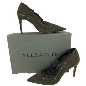 🆕 AllSaints Zehra Khaki Green Suede Studded Stiletto Pumps